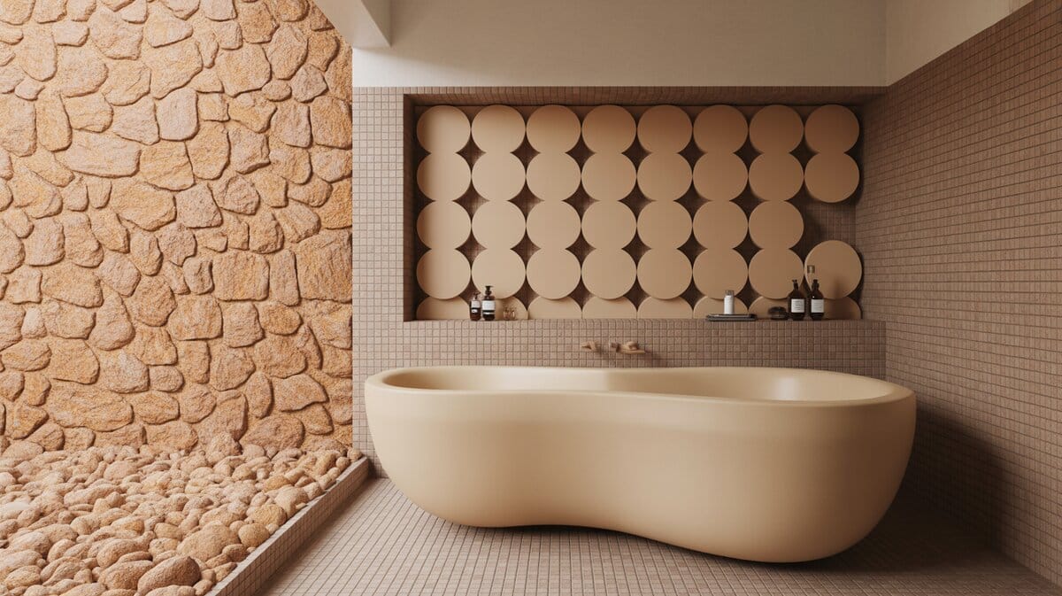 Kidney-shaped white tub against curved brown-tiled and orange stone walls