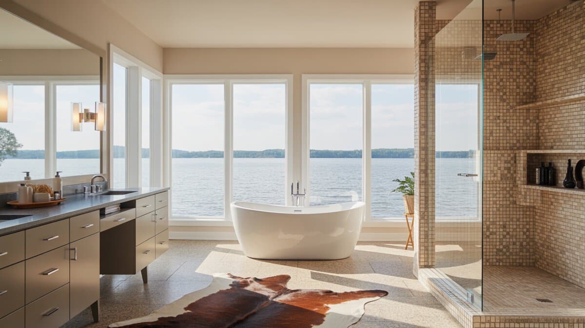 Freestanding tub between a vanity and glass shower with a lake view