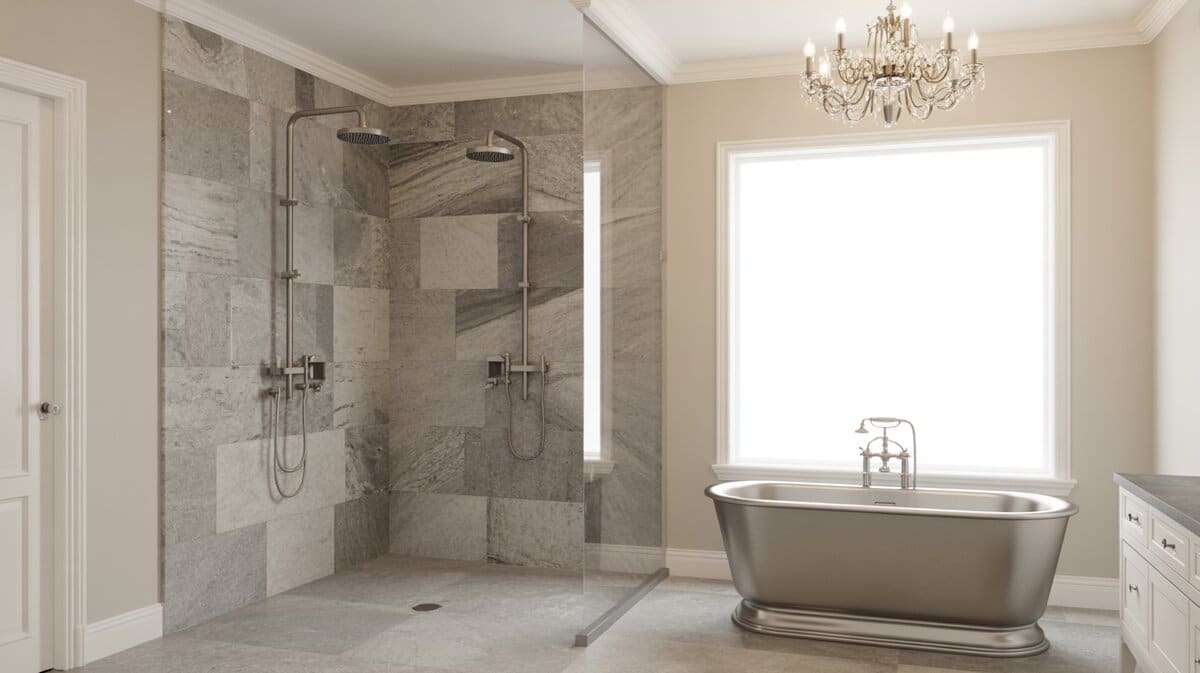 Stainless steel tub by the window beneath gray soapstone walls