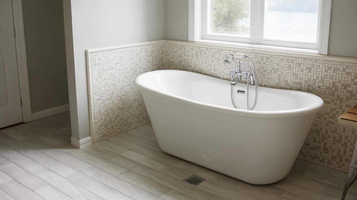White acrylic tub against a beige and white mosaic window wall