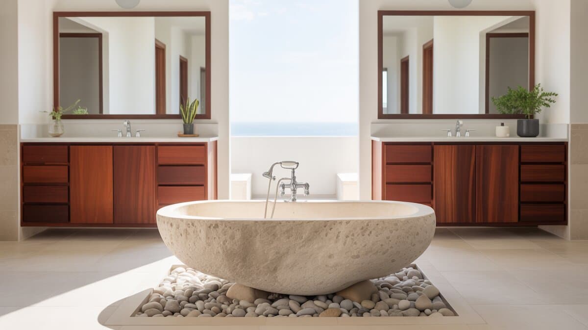 Chiseled stone tub on river rocks between twin mahogany vanities