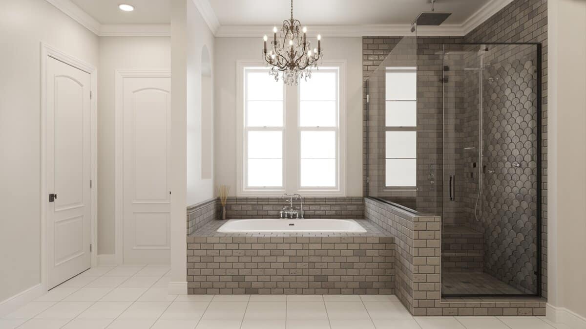 Drop-in tub framed in gray tile with a chandelier overhead