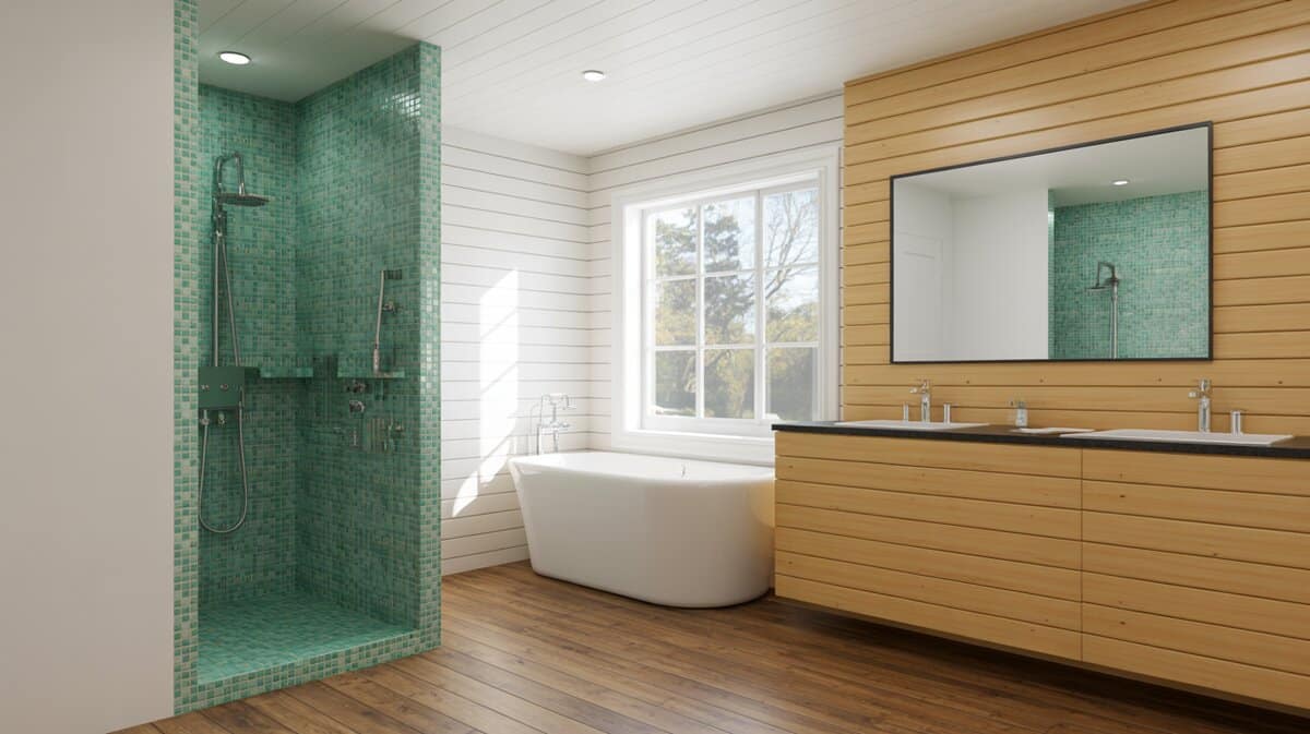 White tub by a window with wood floors and turquoise tiles