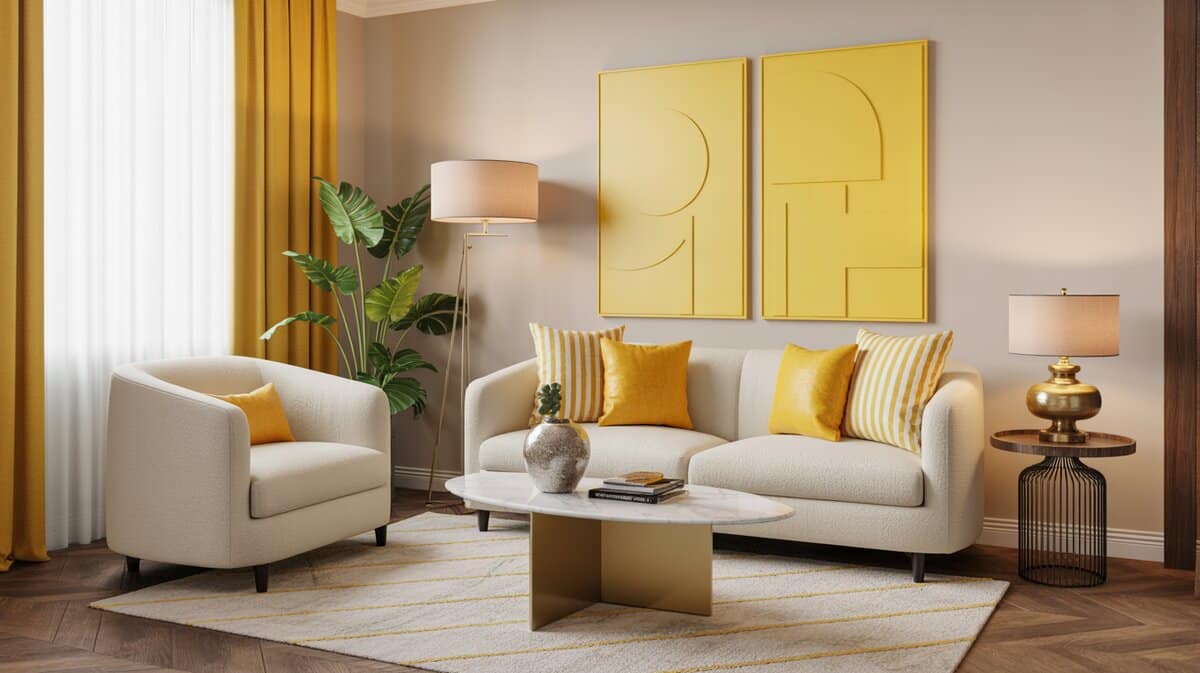 Colorful living space with lots of lighting