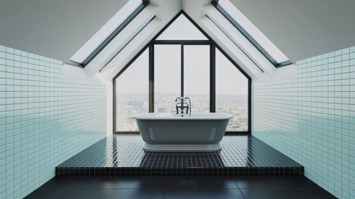 Pedestal tub on a black-tiled platform under a skylit sloped ceiling