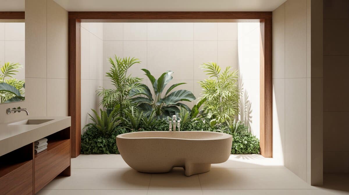 Sandstone tub beside a lush indoor garden framed in wood