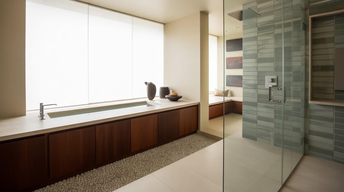Sunken tub recessed into river-stone flooring beside a dark mahogany vanity