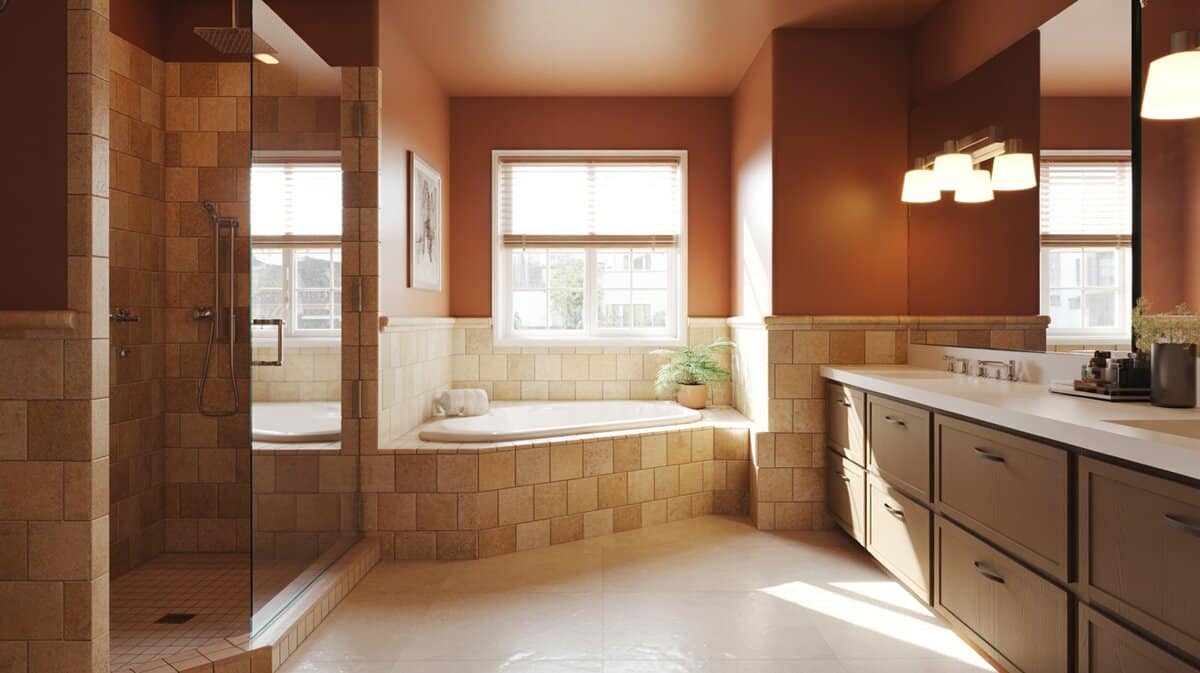 White tub set diagonally in a warm brown sandstone-tiled corner