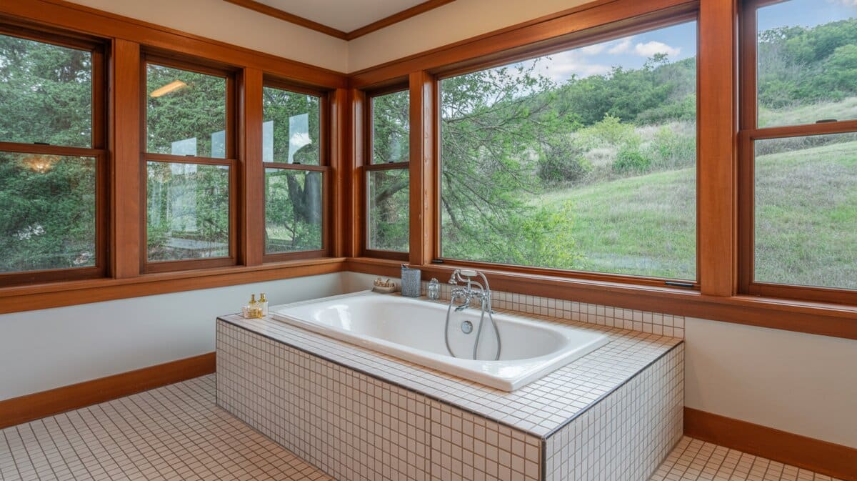 Elevated tub in a tiled enclosure beside wood-framed picture windows