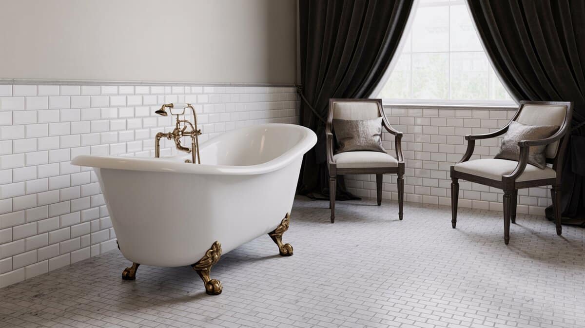 Slipper clawfoot tub with gold feet on basket-weave mosaic floor