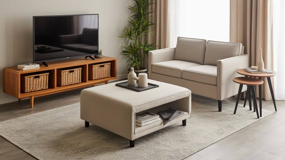 Living room with storage ottoman media console and woven baskets