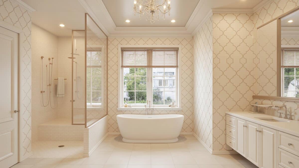 Oval freestanding tub beside a window with cream quatrefoil wallpaper
