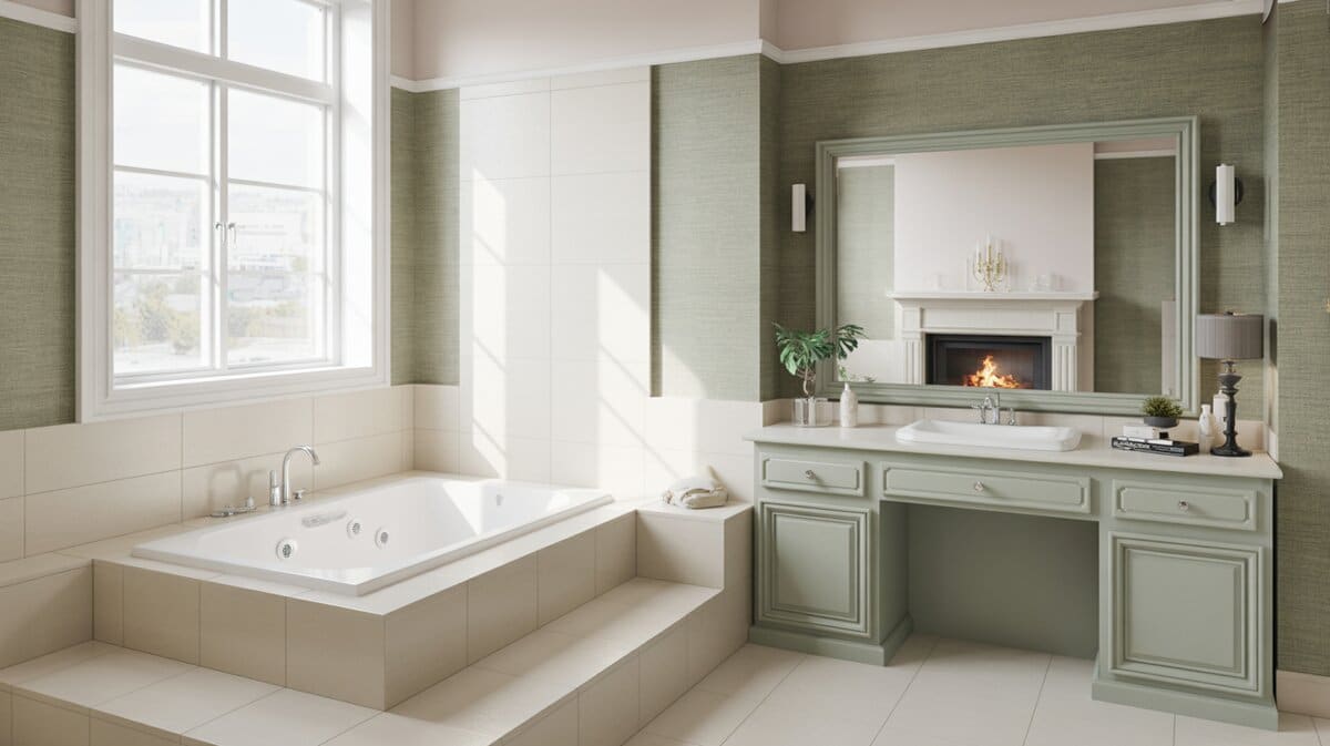 Drop-in jetted tub on a platform beside a fireplace and mirror