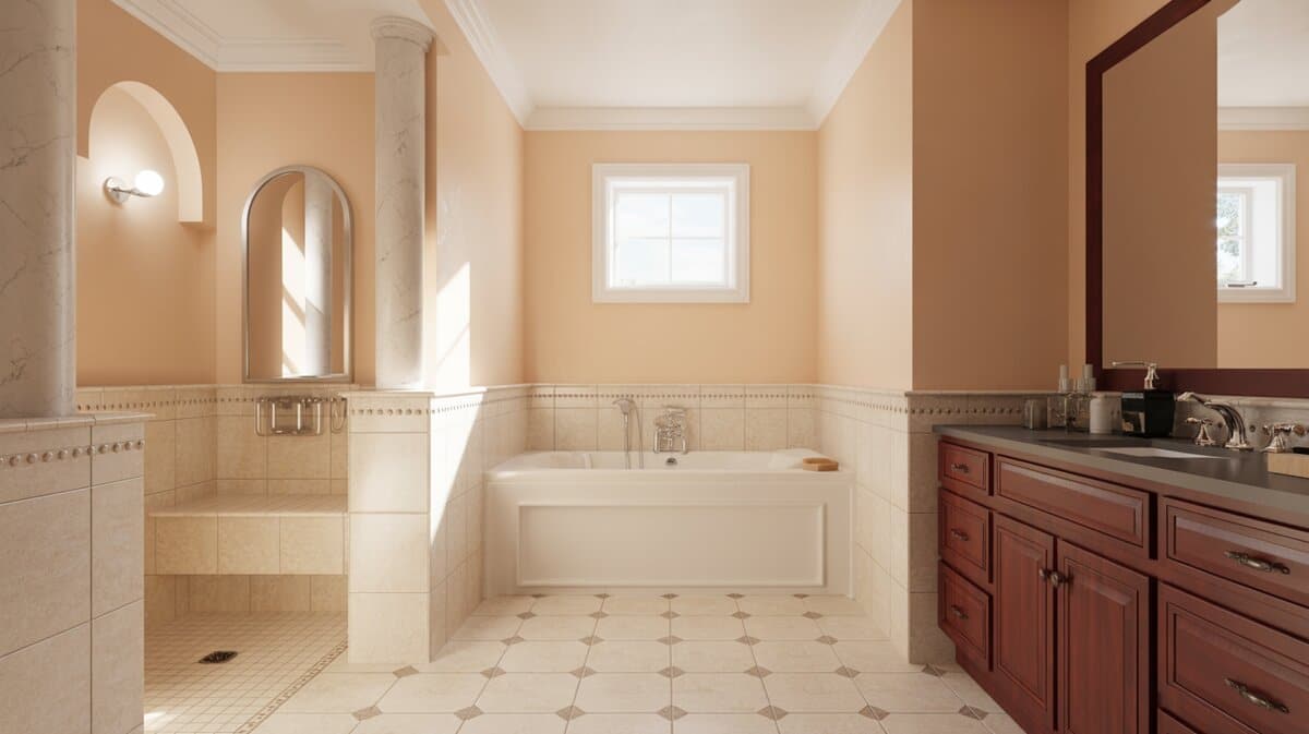 Corner tub by a small window with beige marble and faux columns