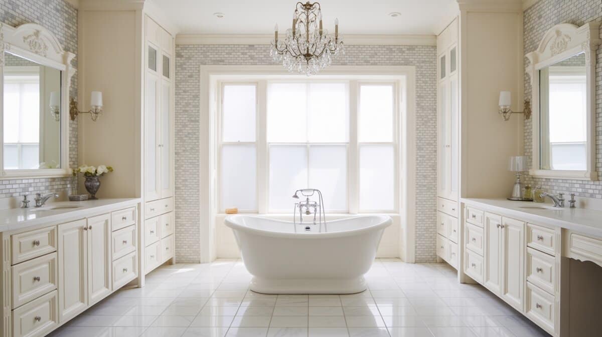 White freestanding tub centered beneath a crystal chandelier on marble floors