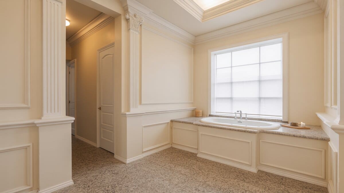 Drop-in tub on a platform below a tray ceiling and window