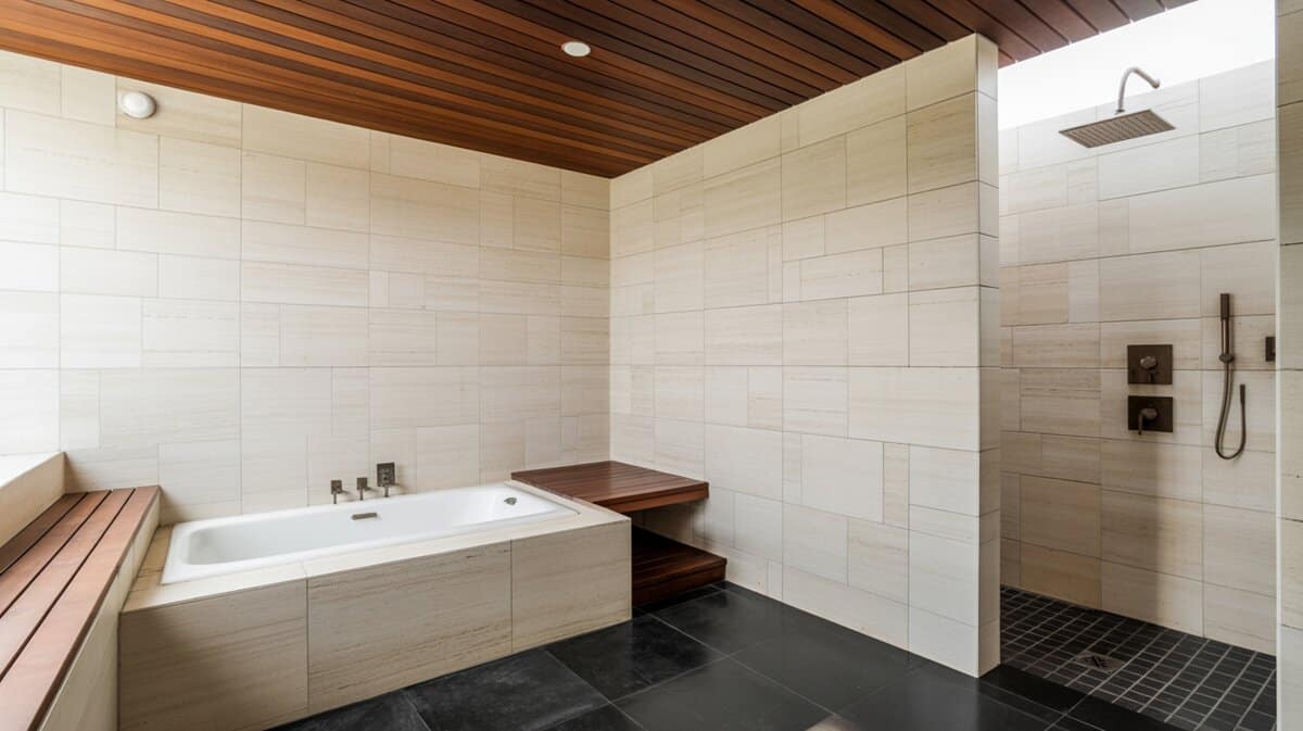 Recessed tub with a wood bench beneath a warm walnut ceiling