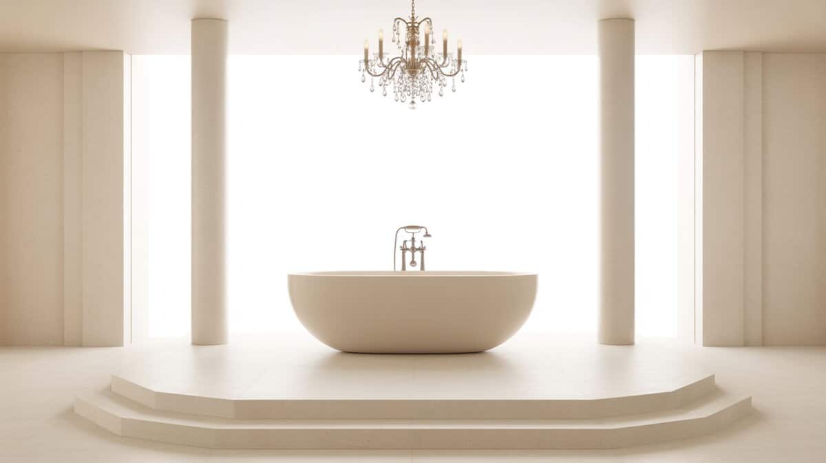 Oval tub on a granite platform ringed by columns and chandelier
