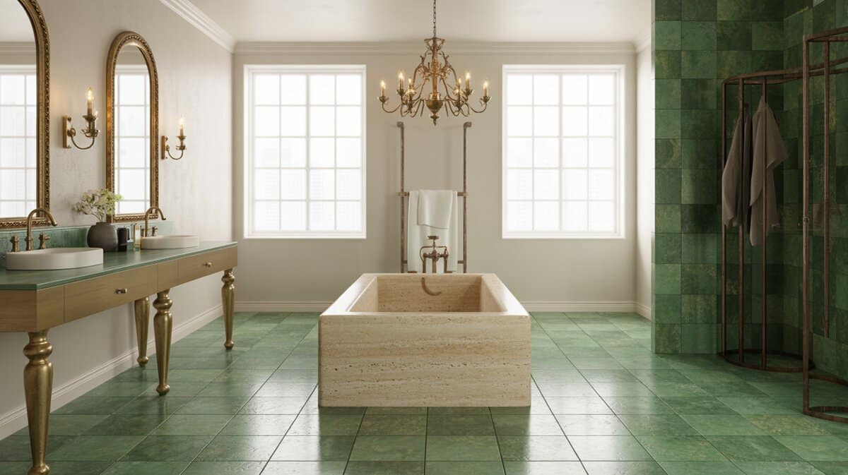 Travertine tub on a wood platform among gilt mirrors and green stone