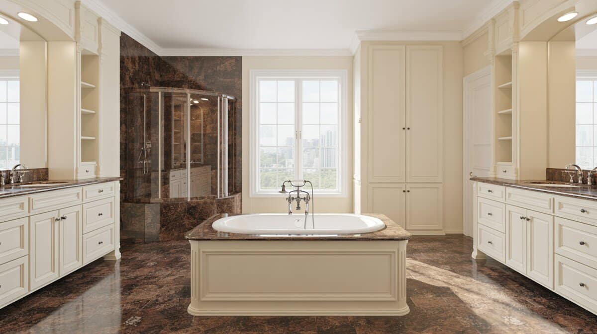 Drop-in tub on a low platform with brown granite and cream cabinetry