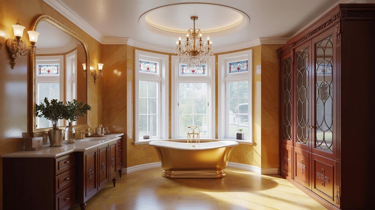 Golden tub by a bay window beneath a crystal cove-ceiling chandelier