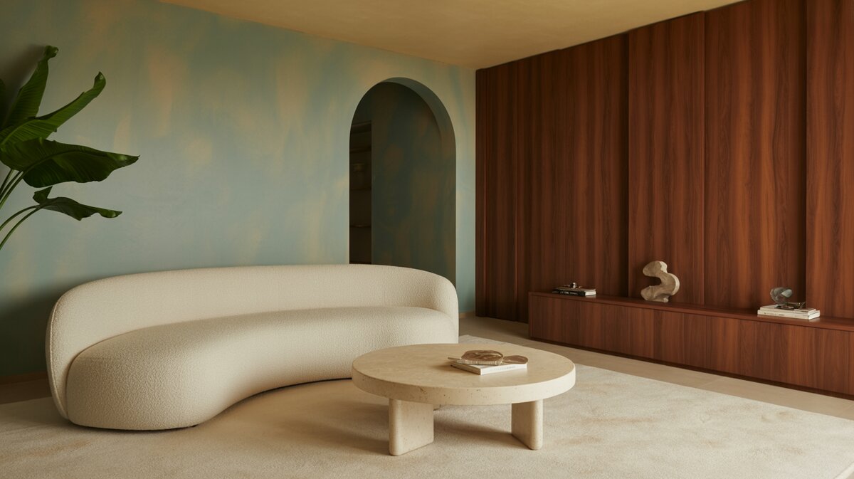 Organic modern blue brushed walls with curved boucle sofa and walnut built-in
