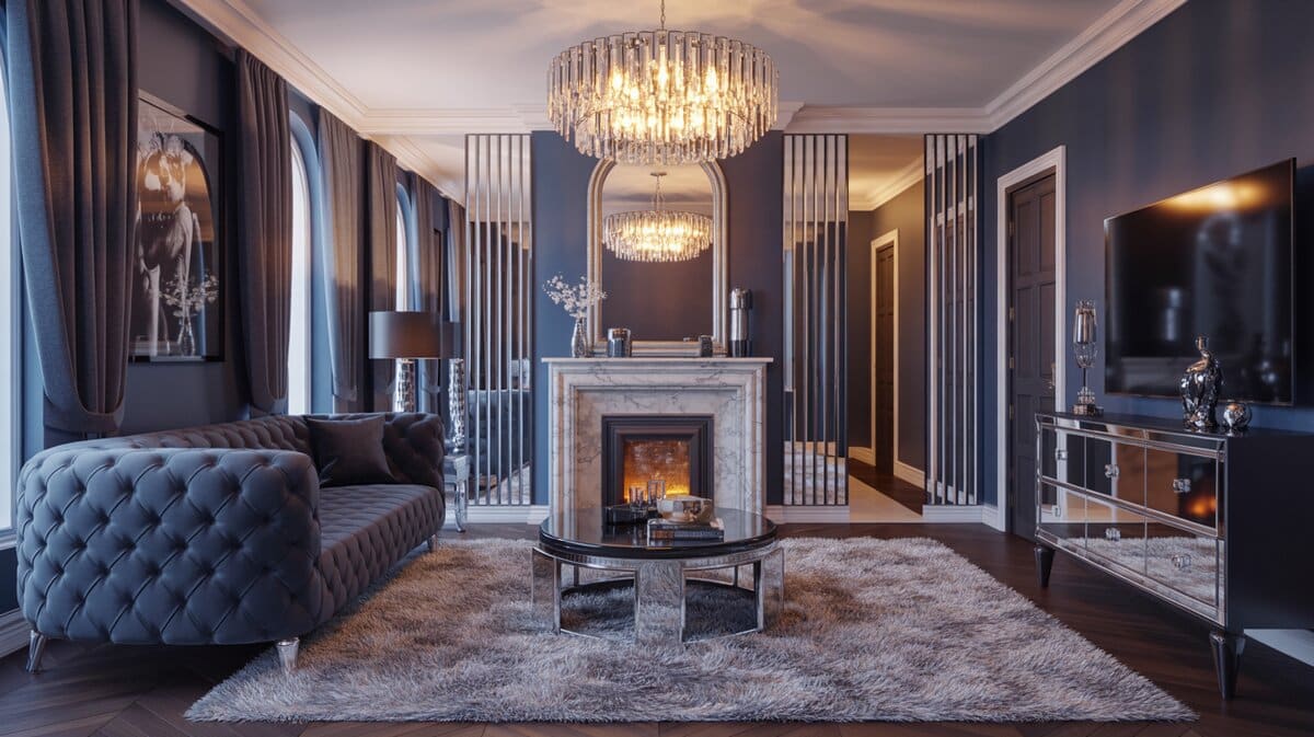 Luxury room with crystal chandelier and tufted sofa