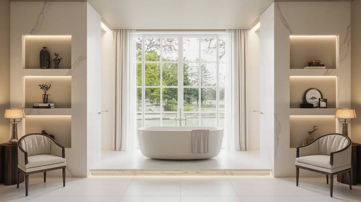 Freestanding tub by a picture window in an all-marble bathroom