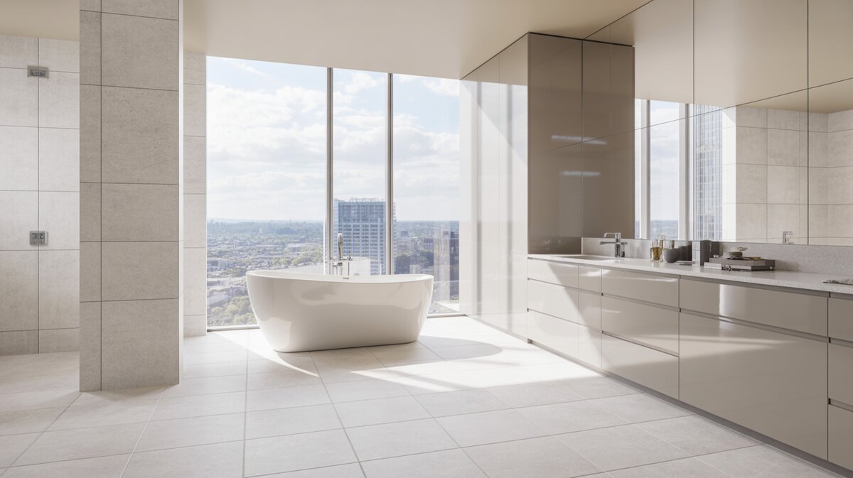 Freestanding resin tub beside floor-to-ceiling windows with a city skyline