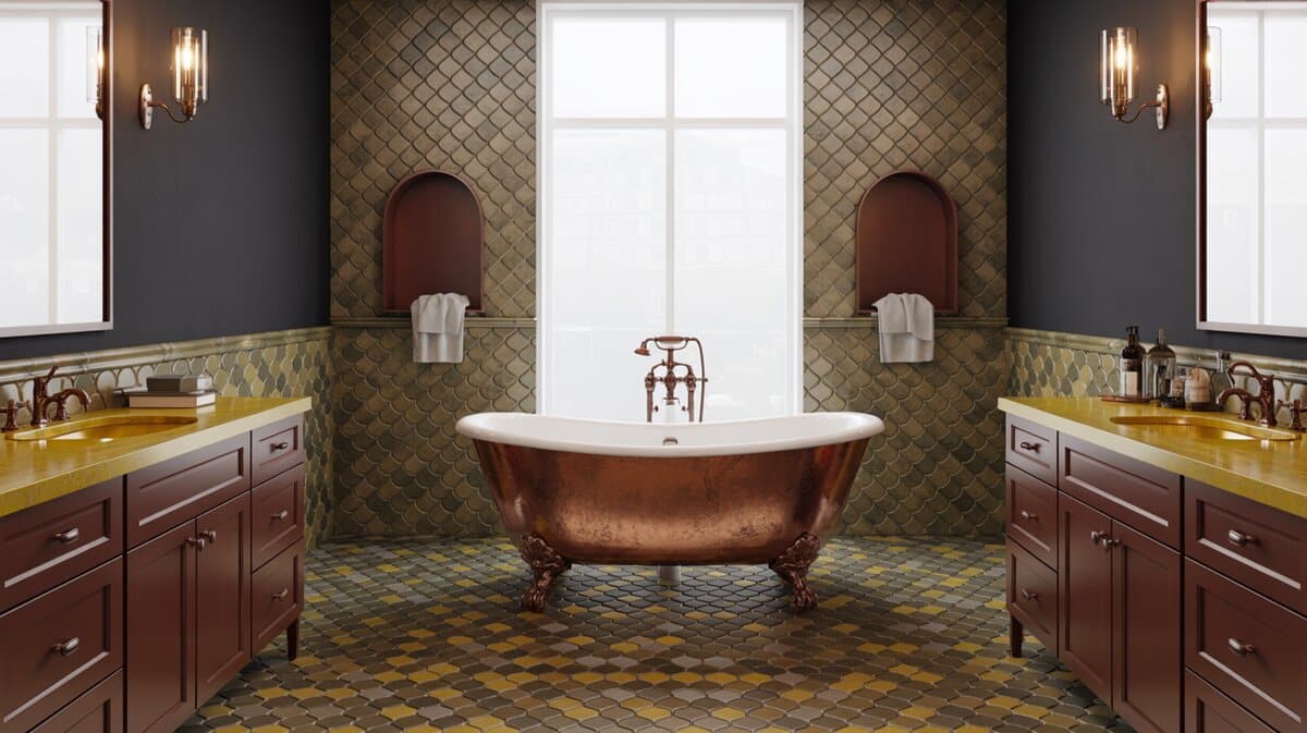 Copper clawfoot tub on scale-pattern tiles between dark cherry vanities