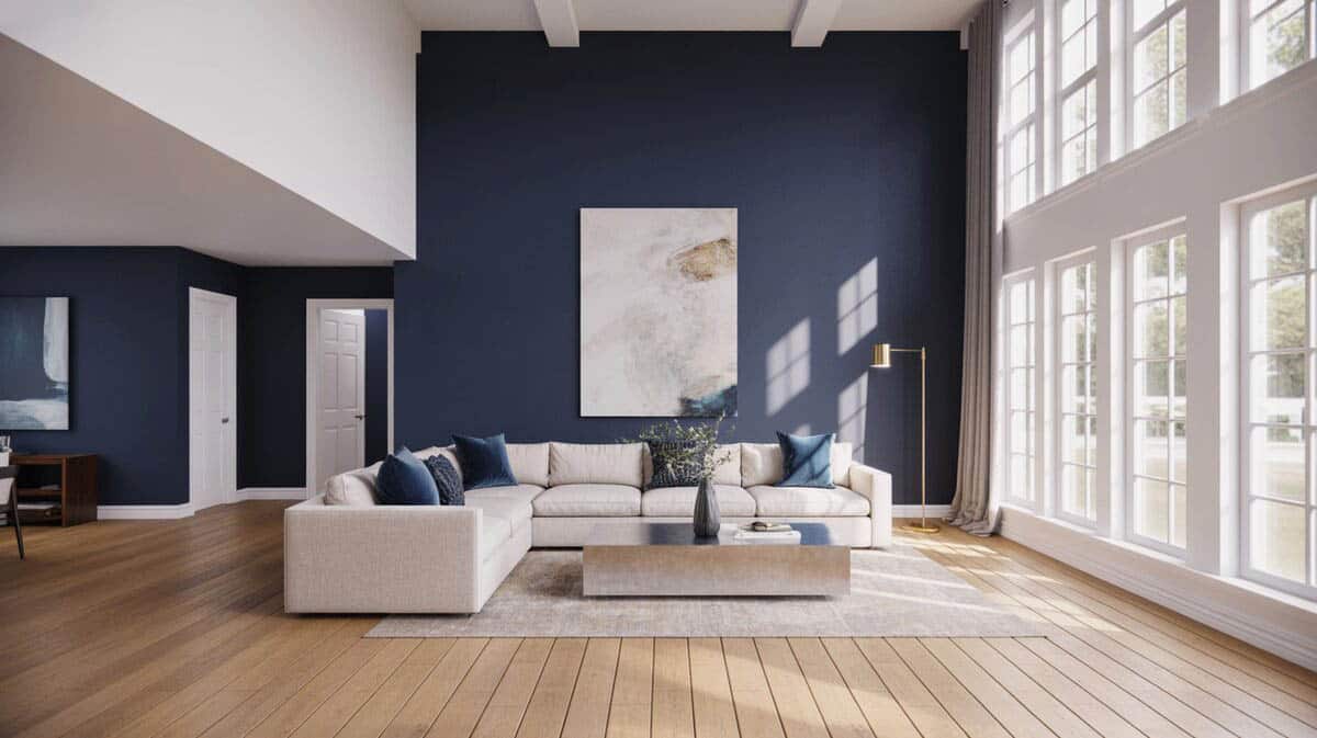 Blue painted room with off-white sectional