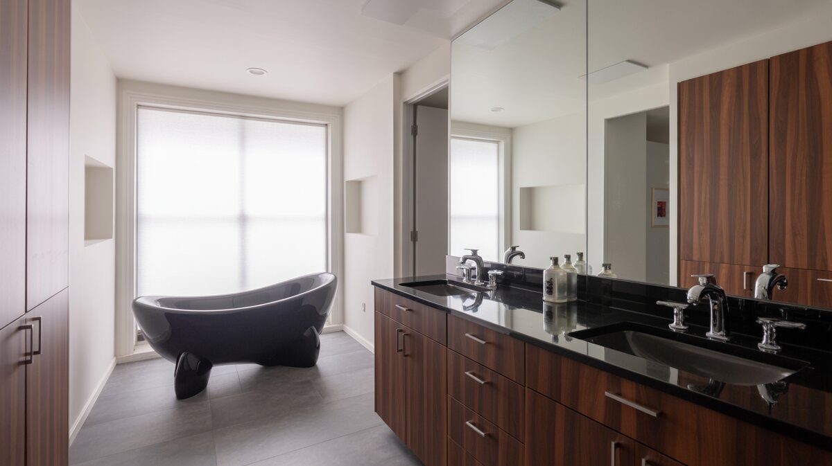 Black acrylic tub on a stand beside mirrored walls and dark cabinets