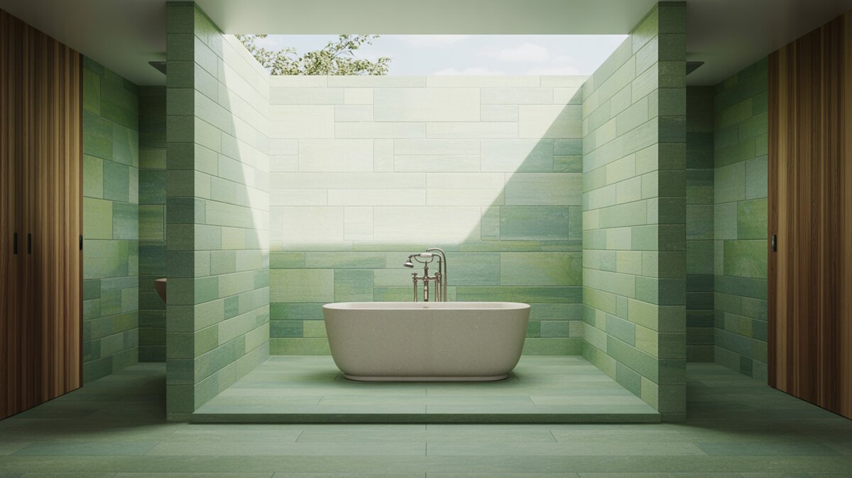 White pedestal tub on a green soapstone platform with teak walls
