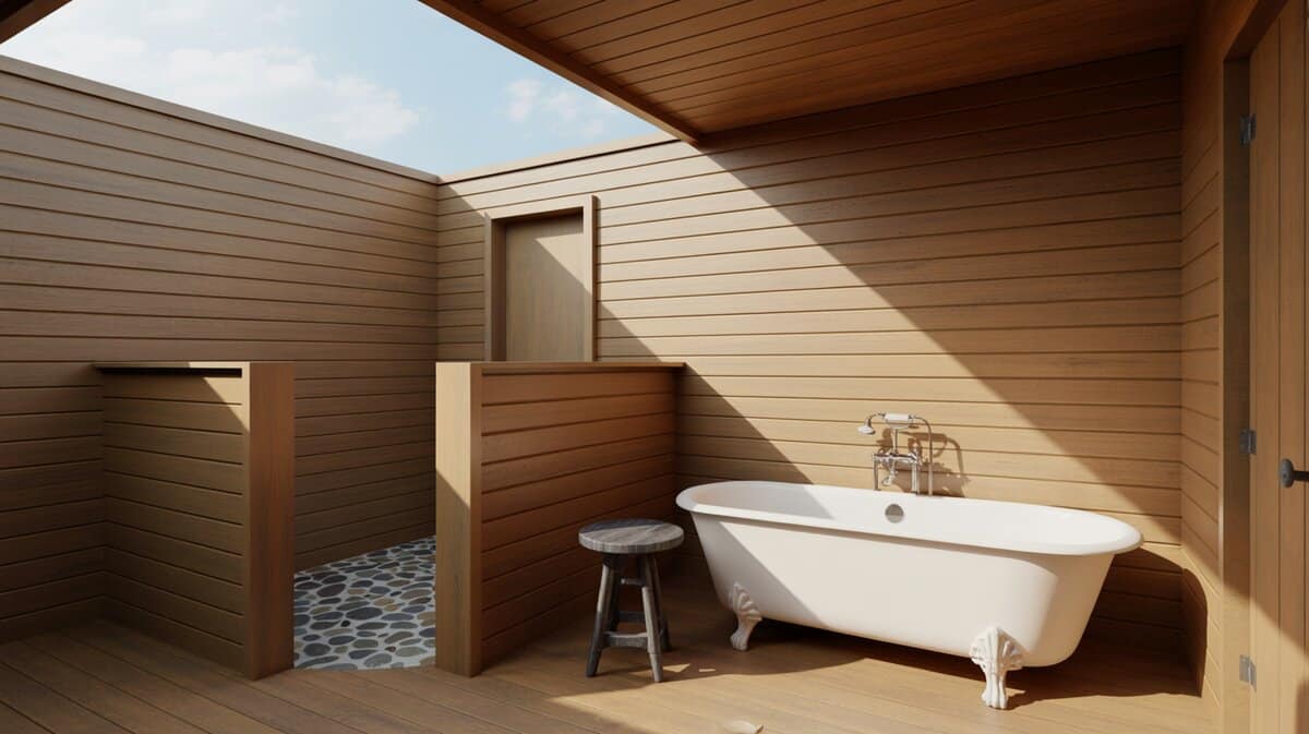 Freestanding tub on a wood pedestal in a plank-paneled cabin bath