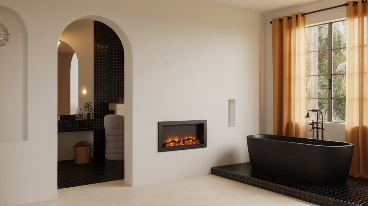 Black freestanding tub beside a window and a glowing electric fireplace