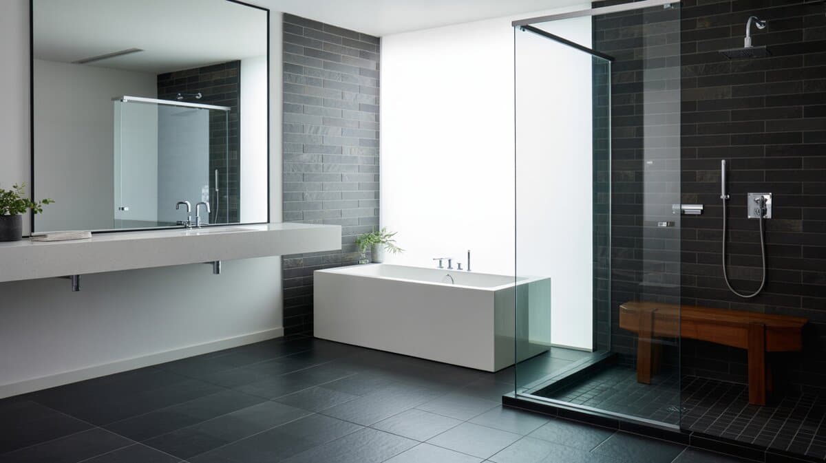 Rectangular tub beside a glass shower amid black slate tiles