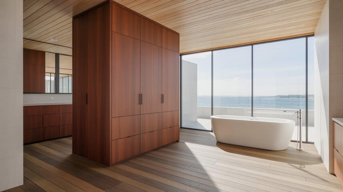 Freestanding tub by full-height windows framing an ocean view