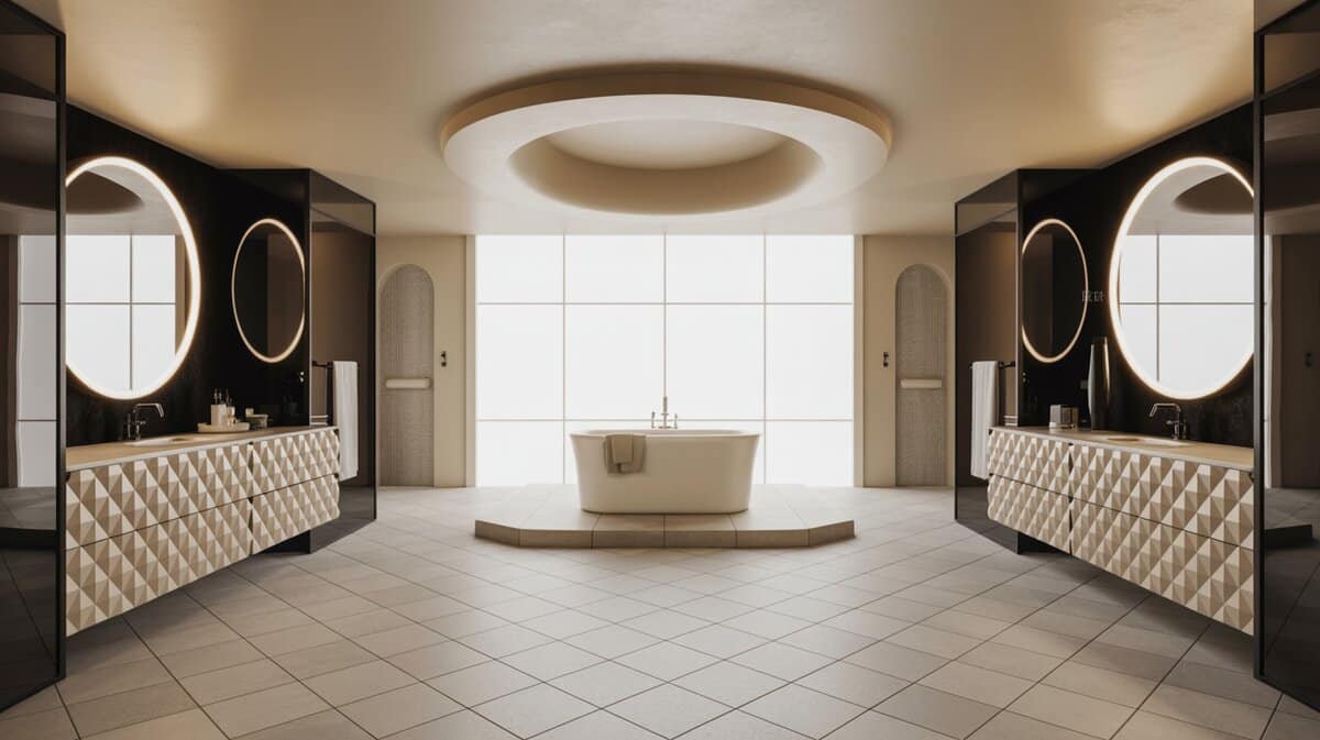 White tub under a domed ceiling with diamond floors and neon mirror