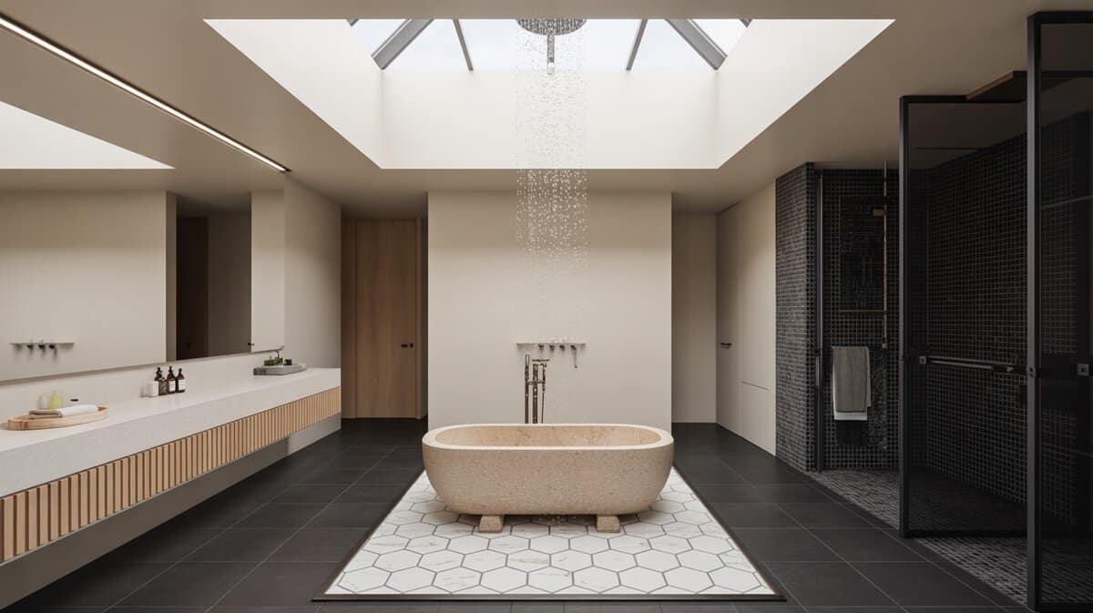 Sandstone tub on a mosaic rug inlay in a mezzanine bathroom