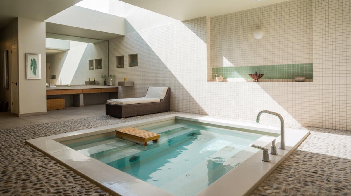 Pool-style jetted tub on pebbled concrete with white and green tiles