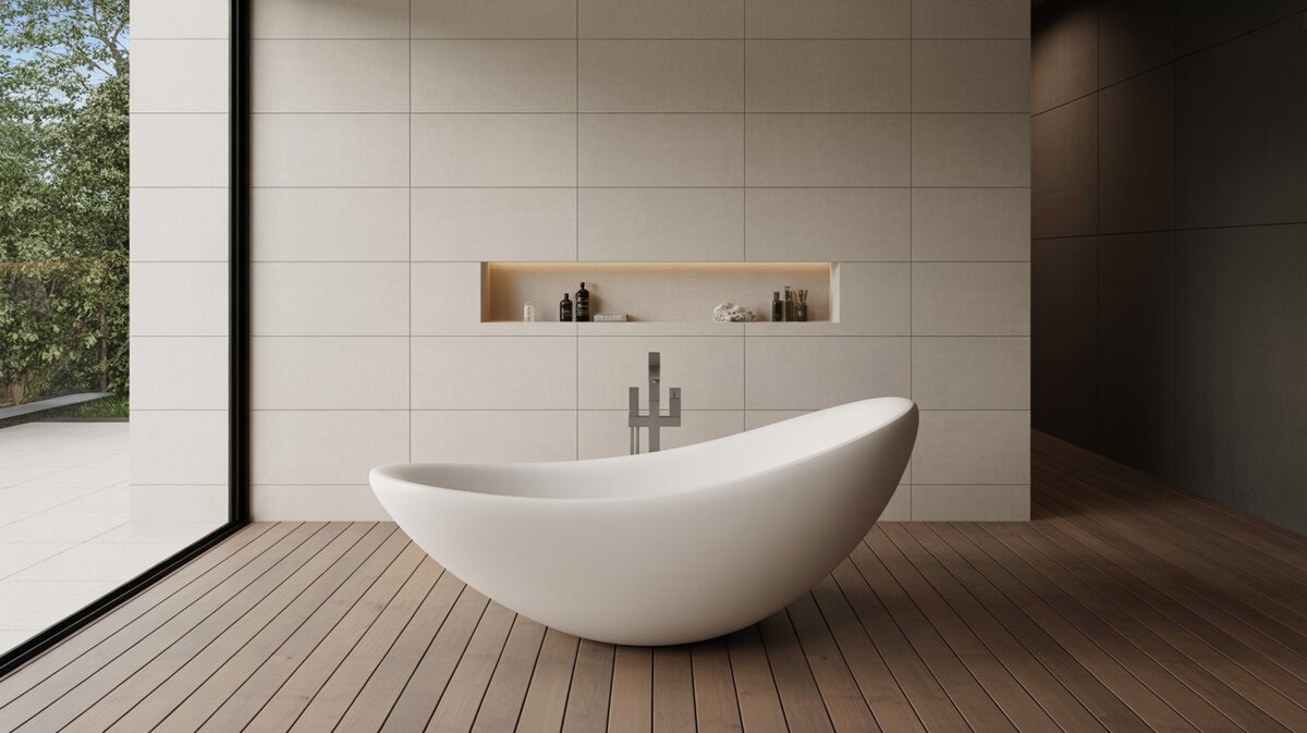 Sculptural white resin tub on wood decking between two-tone tiled walls