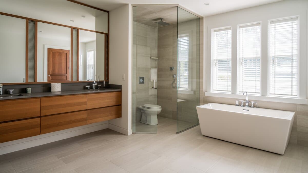 Skirted straight-edge tub by windows with a floating pine vanity