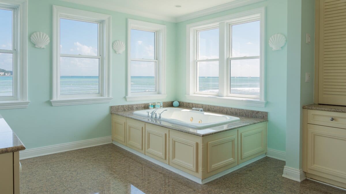 Marble-clad jacuzzi tub by ocean windows in pastel turquoise and cream