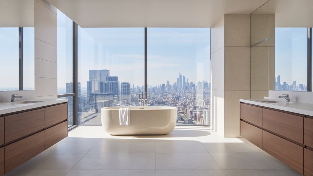 Freestanding tub between glass curtain walls overlooking a city skyline