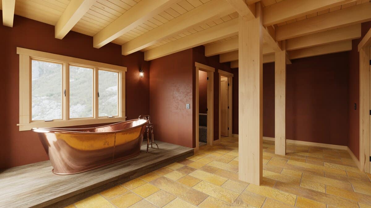 Copper tub on a wood platform beneath exposed pine ceiling beams