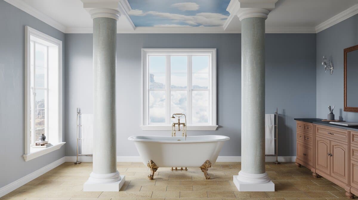 Clawfoot tub with gilded legs between pale blue faux columns