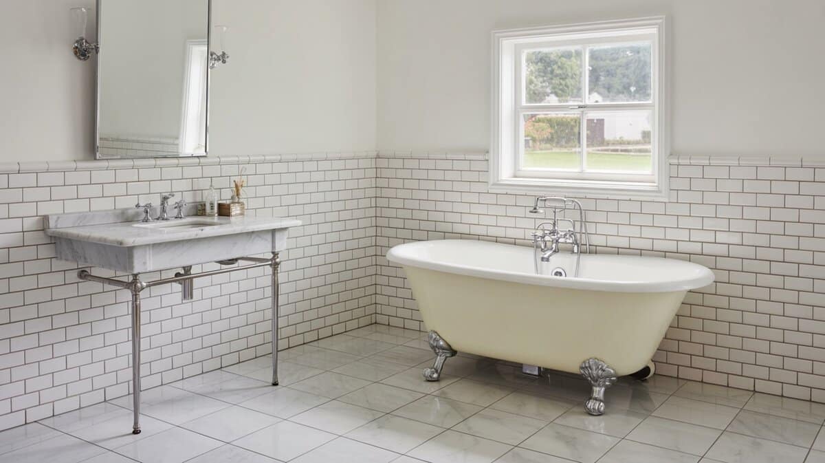 Cast iron clawfoot tub by a window with a vintage vanity