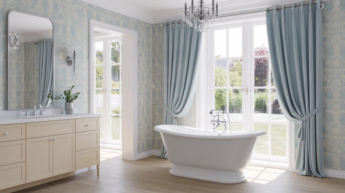 Pedestal tub by garden windows with pale blue patterned wallpaper
