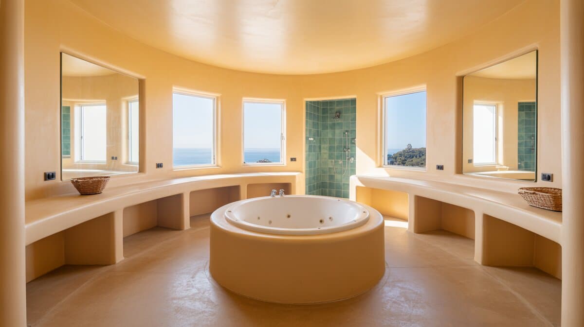 Round jacuzzi tub centered in a circular bath with ocean views
