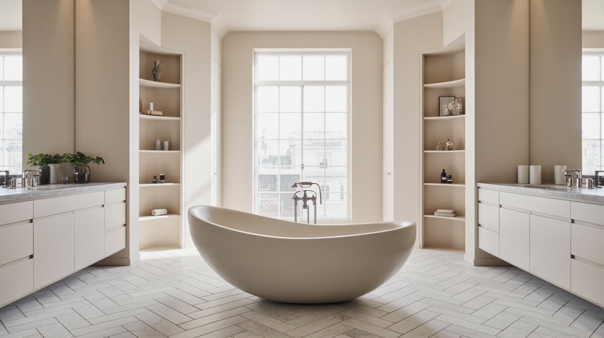 Bean-shaped tub between symmetrical white vanities on herringbone marble floors
